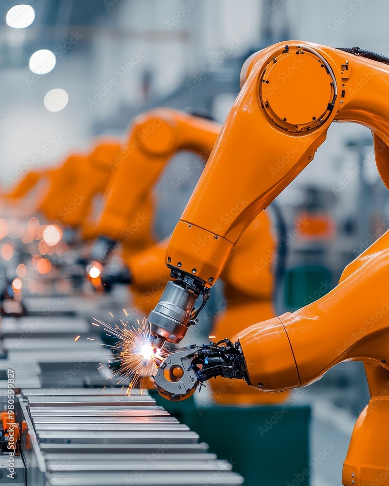 Poster a row of robotic arms working on an assembly line, with sparks flying from one of the arms.