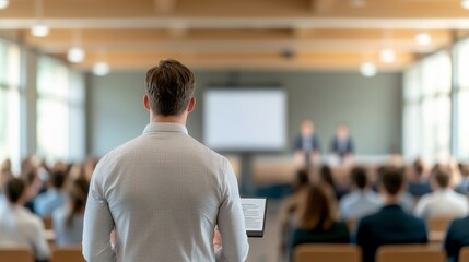 Fototapeta premium A speaker stands at a podium addressing a large audience in a conference hall.