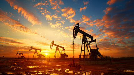 Rigs and other equipment as part of an oil production complex. AI Generated