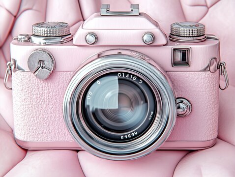 Close-up of a vintage pink camera with leather texture and lens focus. 