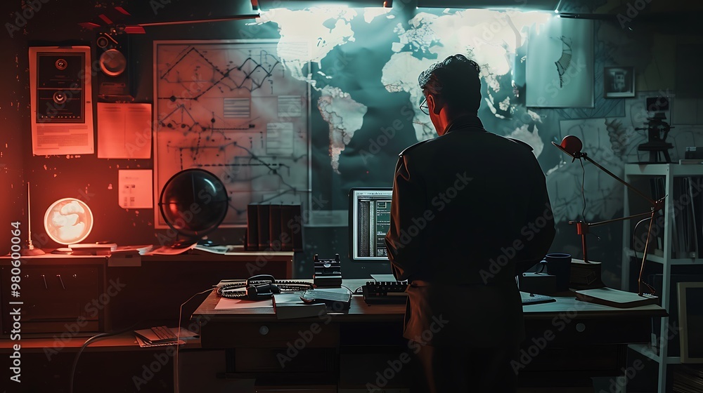 Poster man stands in a dimly lit room decorated with a large world map on the wall of a computer desk. the 