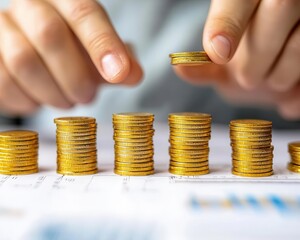 Elegant hands managing stacks of gold coins and financial reports, symbolizing wealth management and prosperity