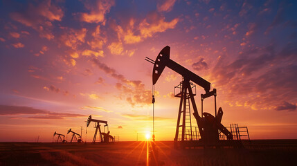 Rigs and other equipment as part of an oil production complex. AI Generated