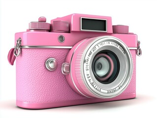 Stylish pink retro camera with detailed lens on white background. 