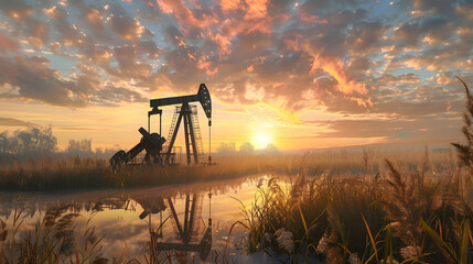 Rigs and other equipment as part of an oil production complex. AI Generated