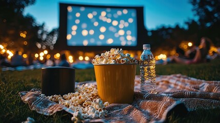 Outdoor movie night with a popcorn bucket, water bottle, and cozy blanket under evening lights