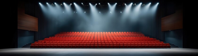 Naklejka premium Elegant theater installation with cascading stage lights illuminating intricate set designs, soft spotlighting enhancing dramatic tension, theater lights, stage installation