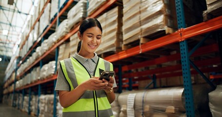 Phone, engineer and woman in warehouse for shipping, distribution or stock inspection on app....