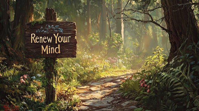 "Renew Your Mind: Serene Nature Pathway Sign"