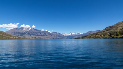 Obraz premium A serene lake surrounded by mountains under a clear blue sky, reflecting tranquility and natural beauty.