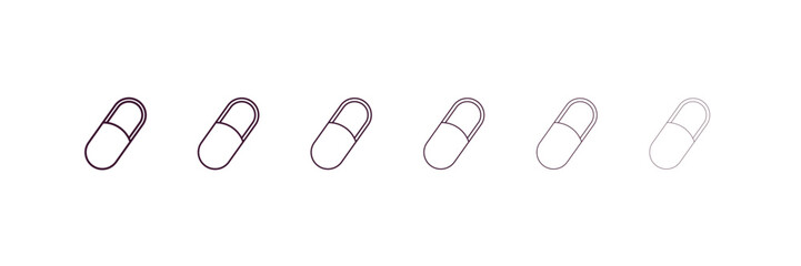 pill outline icon. Linear vector from medical concept. 6 different line style pill icon included thin, light, regular, medium, bold, black
