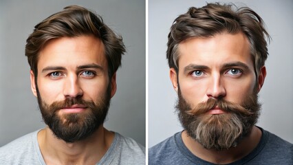 Scruffy bearded man, messy hair, and dull skin, transformed into smooth, shiny beard, soft facial hair, and radiant complexion after using a luxurious beard treatment oil.