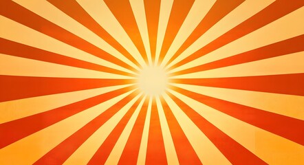 Fototapeta premium Sunburst background. The background is orange, with rays of light shining down from the center. The sun shines brightly in the middle and creates an abstract pattern. 