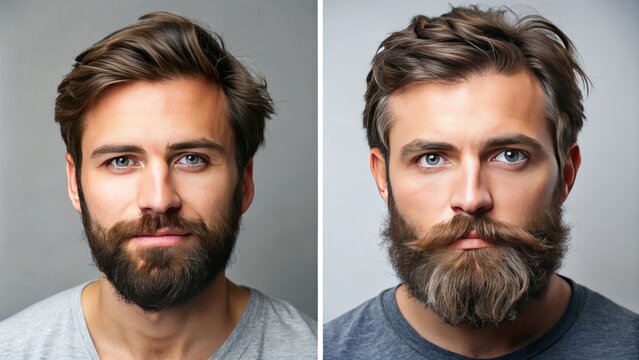 Scruffy bearded man, messy hair, and dull skin, transformed into smooth, shiny beard, soft facial hair, and radiant complexion after using a luxurious beard treatment oil.