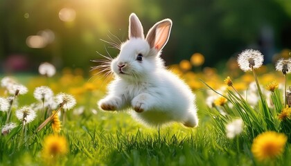 Obraz premium White bunny leaps in field