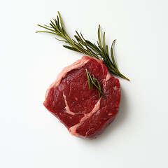 Obraz premium Fresh raw beef steak seasoned with rosemary, peppercorns, and salt on white background ready for cooking. Perfect for food, culinary, and restaurant-related projects.