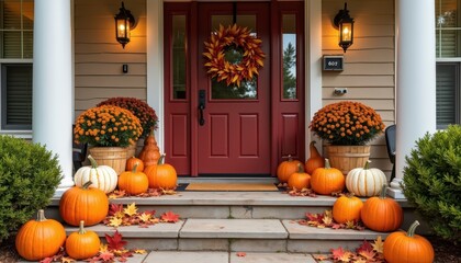 Obraz premium Warm and inviting autumn home exterior with pumpkins, fall wreaths, and colorful leaves scattered around the front porch