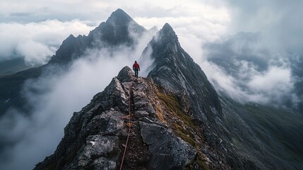 A climber navigating a rugged mountain ridge amidst clouds and peaks.