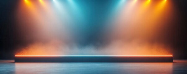 Concert stage illuminated by a spectrum of neon colors, mist creating moody beams of light, setting an electric ambiance, stage setup, mood lighting