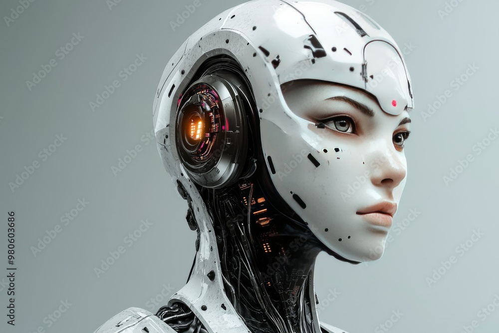 Poster close up of a humanoid robot with exposed brain components symbolizing the integration of artificial
