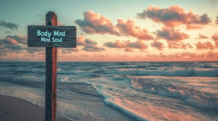 "Tranquil Sunset at the Beach with Inspirational Signpost"