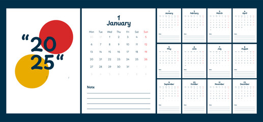 Calendar 2025 starts from Monday. Minimalist, Clean, Simple and Modern Design. 12 pages Calendar