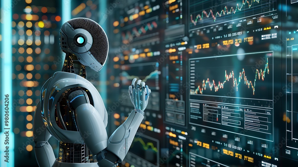 Poster white robotic figure stands in front of a screen displaying a variety of data charts and graphs, ana