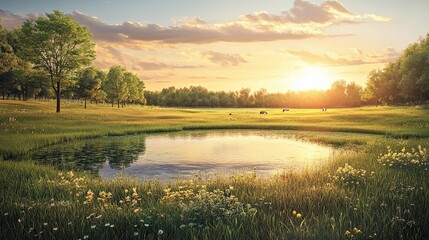 Serene Sunset over Tranquil Pond in Lush Landscape