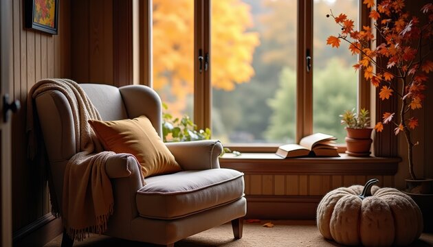Cozy fall reading nook with a comfy chair, blanket, and a view of autumn foliage through the window