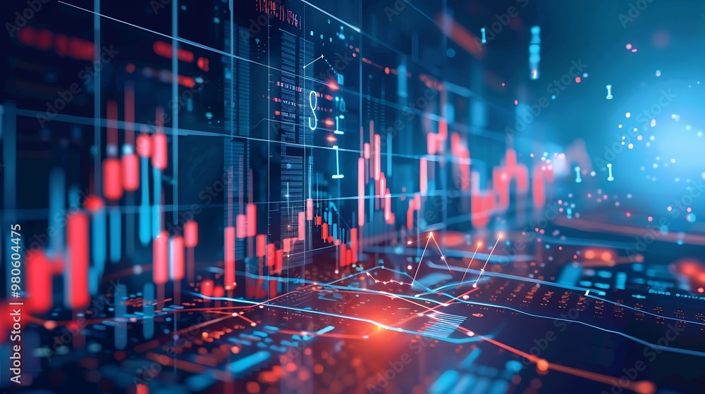 Poster abstract visualization of data and insights with charts, graphs, and patterns in a blue and red colo