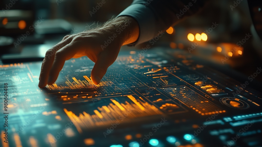 Poster a pair of hands interacts with a futuristic holographic touchscreen display.