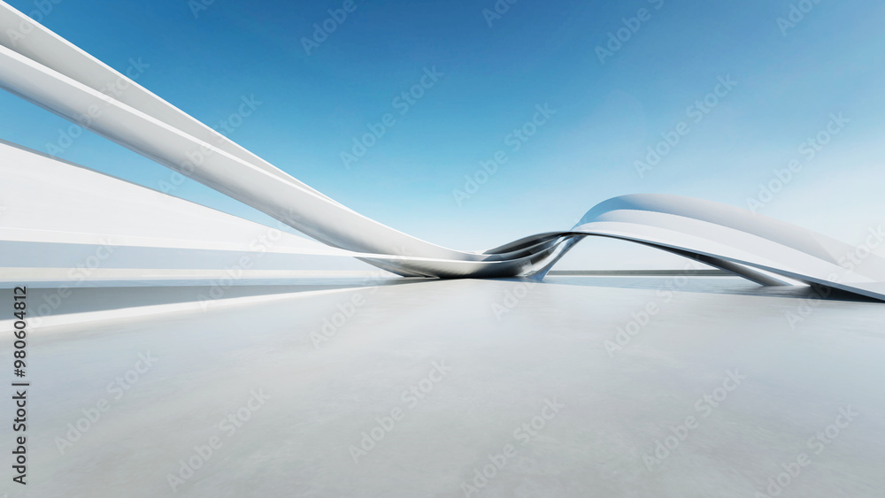Poster 3d render of abstract curve structure futuristic architecture with empty concrete floor