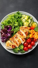 Healthy grilled chicken salad with fresh vegetables on a plate, colorful and nutritious meal option for wellness.