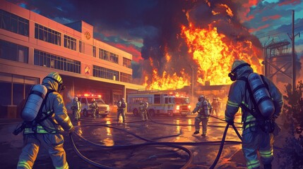 Fototapeta premium Dynamic illustration of firefighters bravely responding to a large industrial fire with trucks and hoses