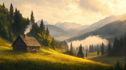 Serene Mountain Cabin Amidst Lush Greenery at Sunrise