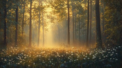 Obraz premium Serene Forest at Sunrise with Mist and Wildflowers