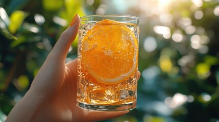 Realistic close-up of a hand with orange nail polish holding a glass of lemonade on a sunny day with an outdoor background.

