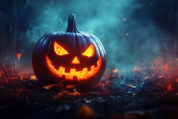 Glowing jack-o'-lantern among autumn leaves in a foggy forest at night. Generative AI