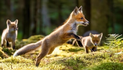Fototapeta premium Red fox kits playing in forest