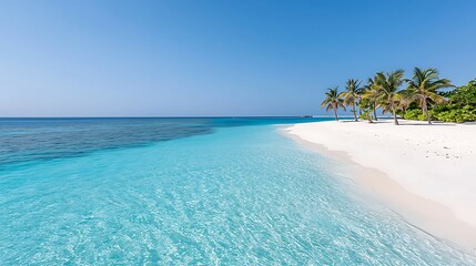 Crystal-clear turquoise water lapping against a white sandy beach, with palm trees swaying in the breeze, perfect for a tropical paradise advertisement, deep depth of field, Product photography with