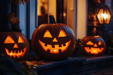 Obraz premium Halloween pumpkins with glowing faces adorn a porch on a cool autumn evening. Generative AI