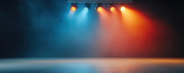 Professional stage lighting rig with LED spotlights, vibrant color hues bouncing off dark walls, detailed lighting setup, theatrical lighting, event production