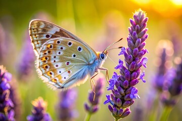 Obraz premium A delicate lavender butterfly with speckled wings and a slender body, perched on a purple flower, surrounded by a warm, sunny meadow.