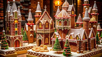 Fototapeta premium Fanciful towers of intricately piped royal icing rise above crimson brick streets, complete with ginger-scented rooflines, ornate gargoyles, and delicate candy canes.