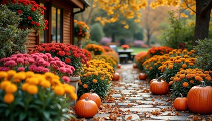 Charming autumn garden with colorful chrysanthemums, pumpkins, and fall-themed decorations creating a festive atmosphere