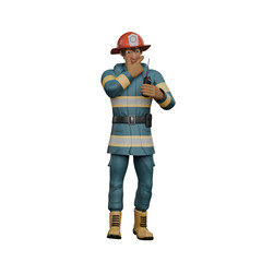 Male Firefighter in Firefighting 3D. A firefighter standing holding a walkie talkie in his hand and his other hand on his head looks like he is thinking seriously. Professional