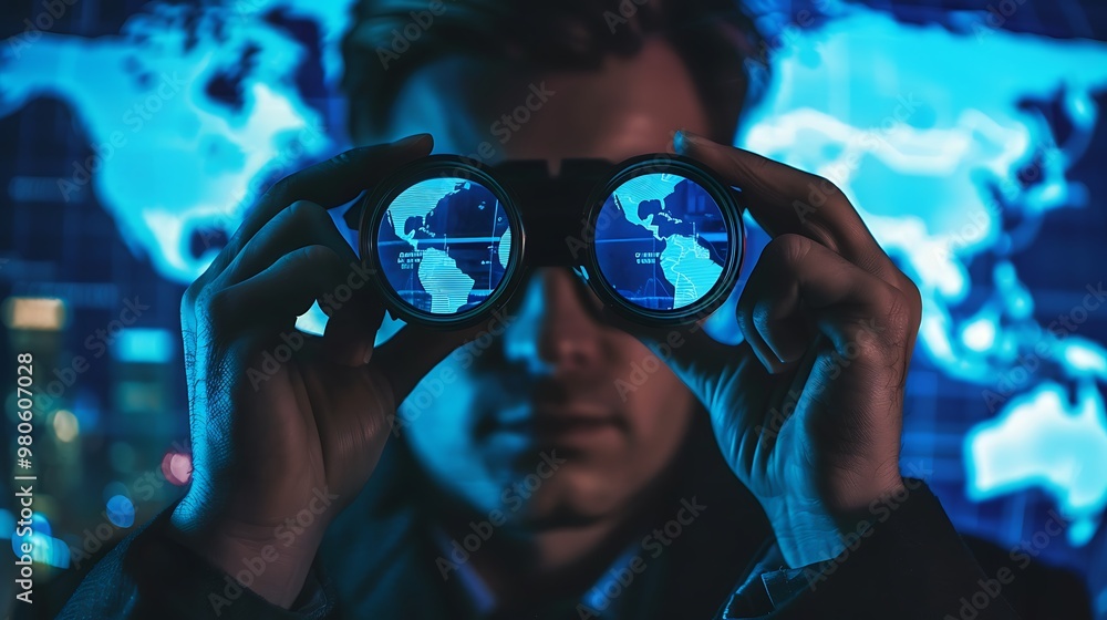 Poster man looking through binoculars with a world map in the background.