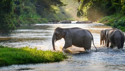 Elephants cooling off in a river