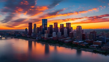 Stunning Denver skyline at sunset with vibrant clouds and skyscrapers reflecting on tranquil waters in an urban landscape