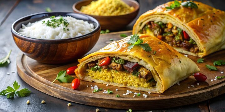 Golden-crusted Kifla pastry filled with spiced lamb, crunchy eggplant, and creamy feta, served steaming hot with a side of herby yogurt sauce and fluffy saffron rice.